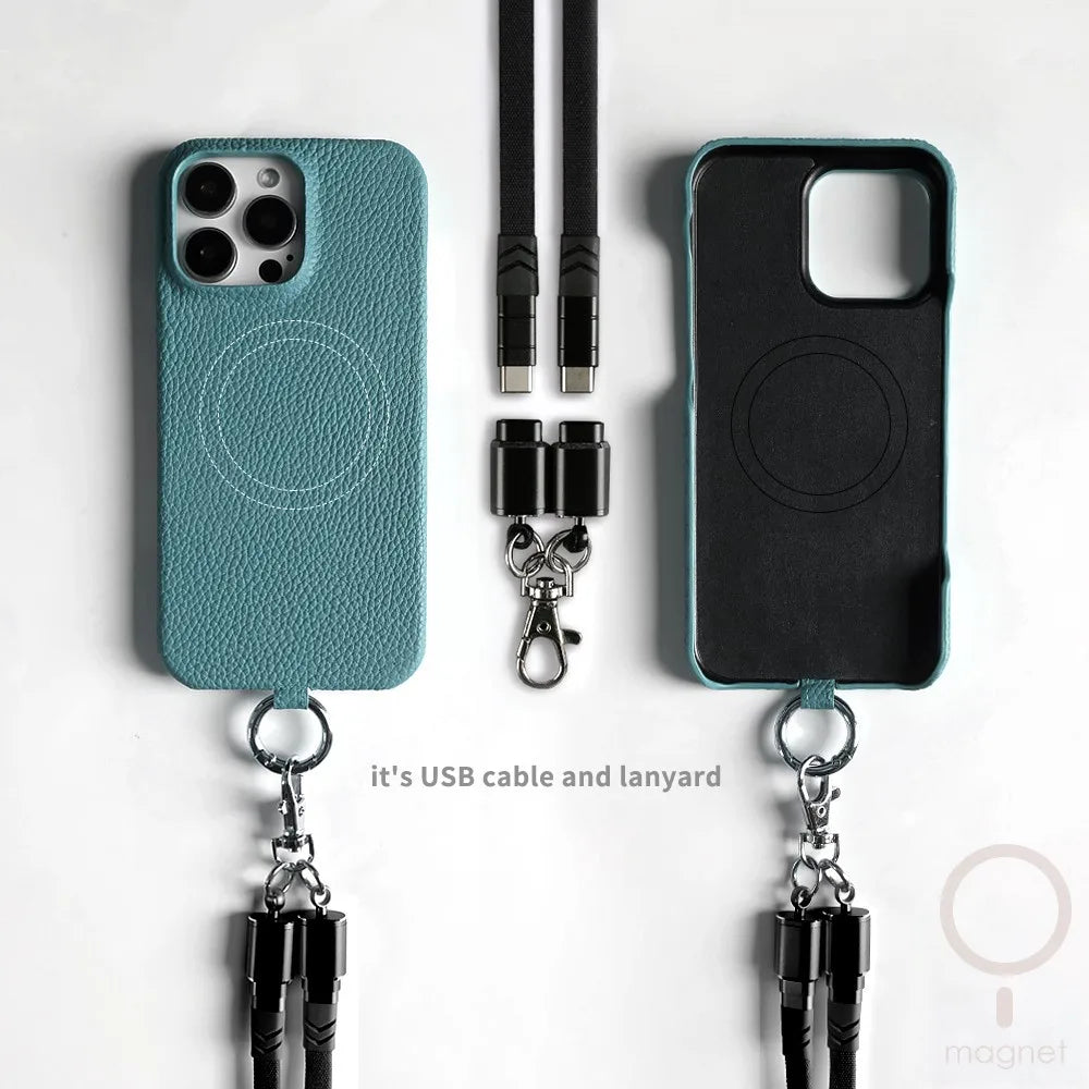 Versatile Lanyard Charging Cable Genuine Leather Phone Case For iPhone