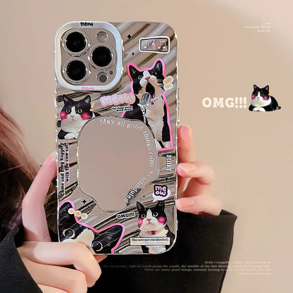 Creative Black Cat Puppy Mirror Cover For iPhone