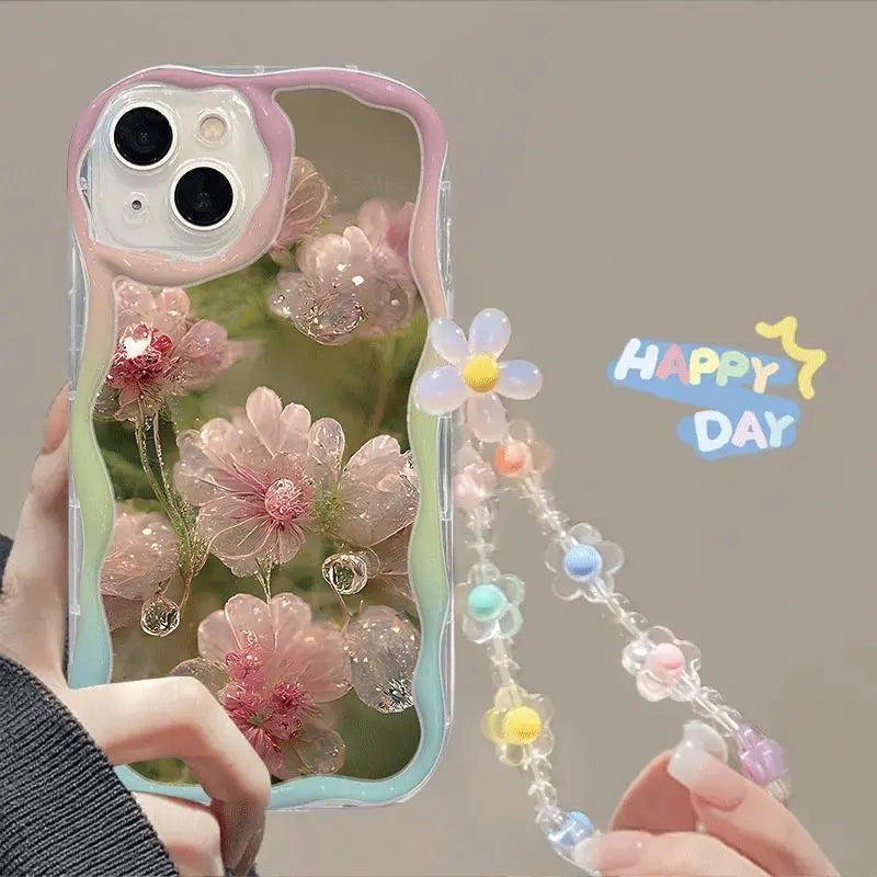 Phone Case For iPhone Back Cover Flower Bracelet Wrist Chain Strap
