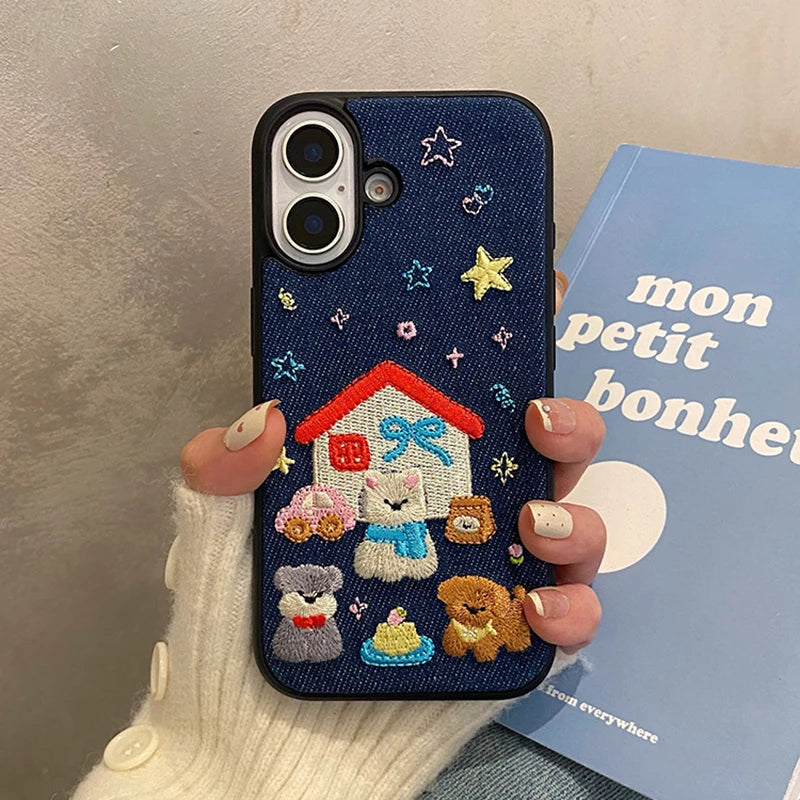 Fashion Denim Fabric Embroidery Puppy Dog Phone Case