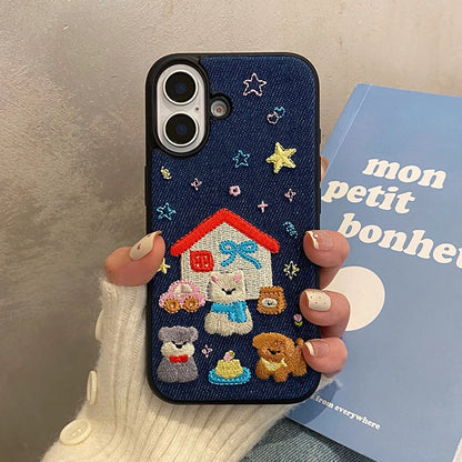 Fashion Denim Fabric Embroidery Puppy Dog Phone Case