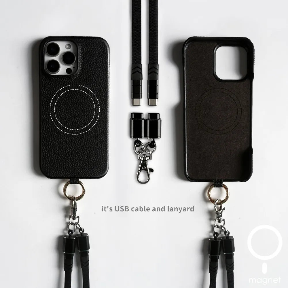 Versatile Lanyard Charging Cable Genuine Leather Phone Case For iPhone
