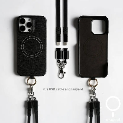 Versatile Lanyard Charging Cable Genuine Leather Phone Case For iPhone