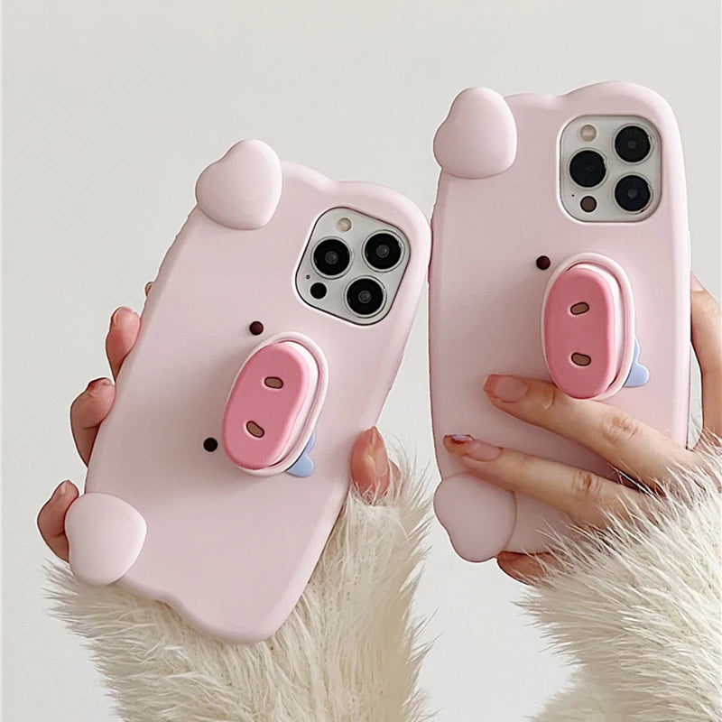Fun 3D Pink Saliva Pig Nose Invisible Bracket Case For iPhone