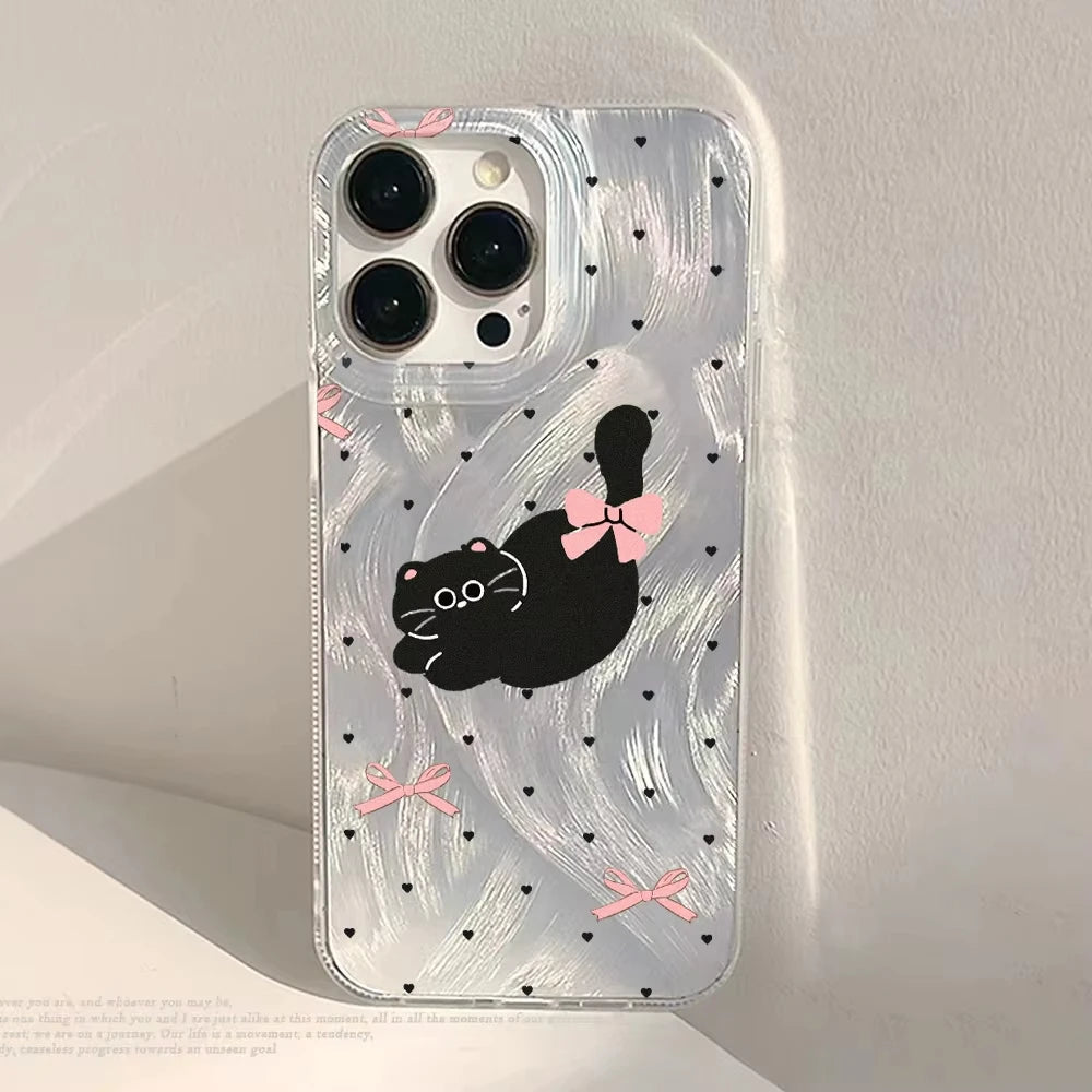 Cute Black Cat Phone Case For iPhone Laser Silver Feather Texture Shockproof Cover