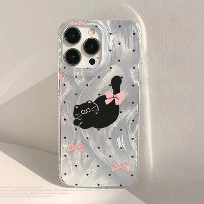 Cute Black Cat Phone Case For iPhone Laser Silver Feather Texture Shockproof Cover