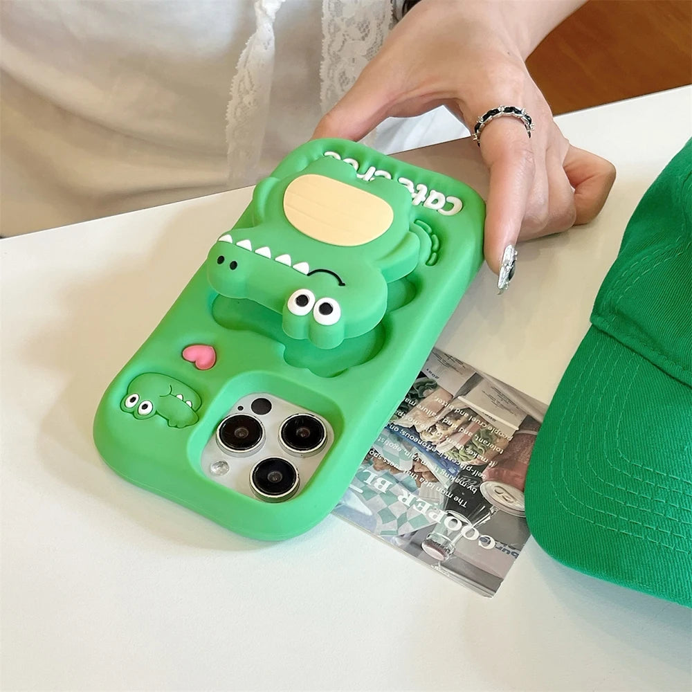 3D Cute Alligator Cartoon Crocodile Stand Holder Phone Case
