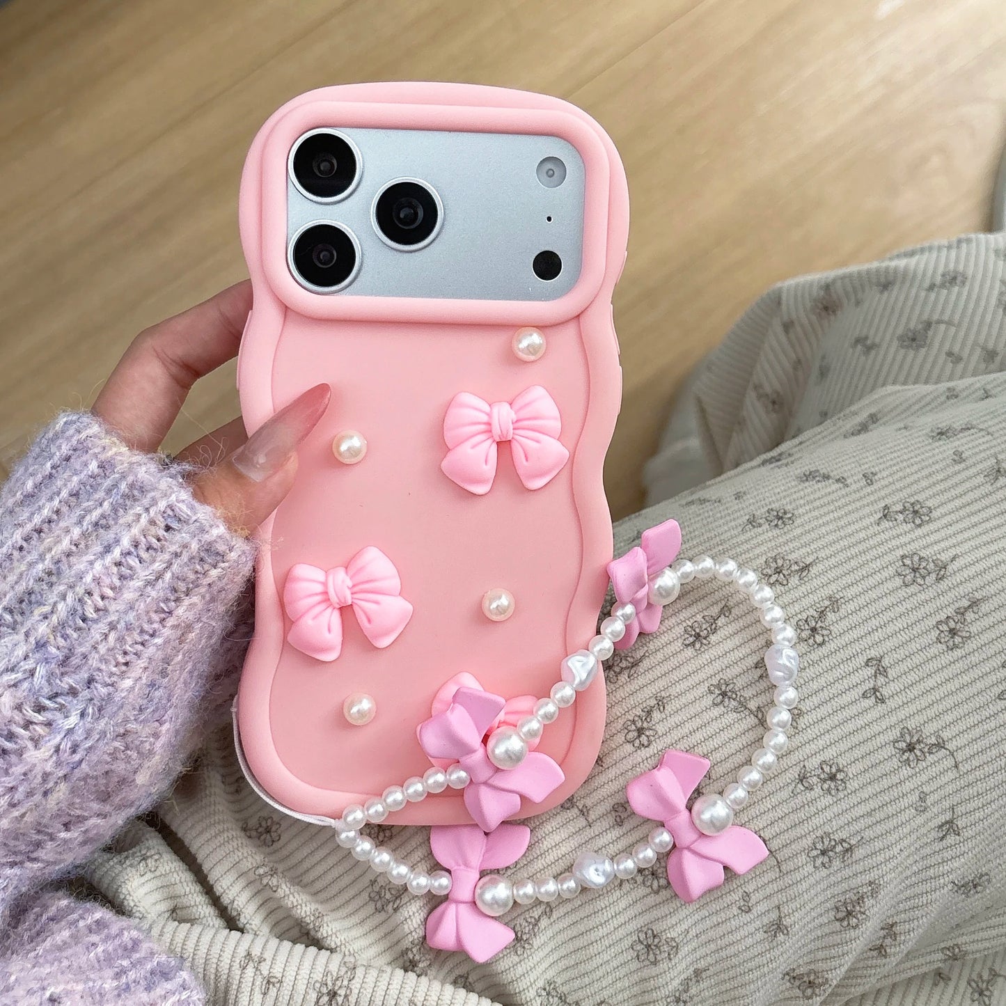 Korean 3D Bowknot Pearl Silicone Phone Case For iPhone