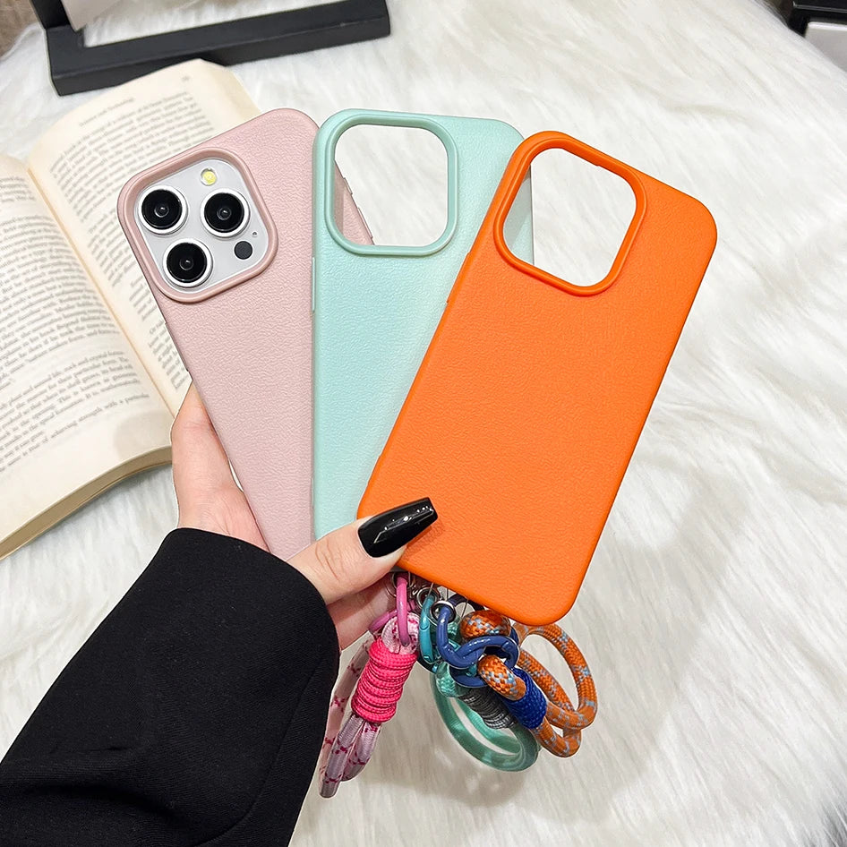 Cute Candy Leather Texture With Wrist Strap Case For iPhone Solid Color Soft Cover