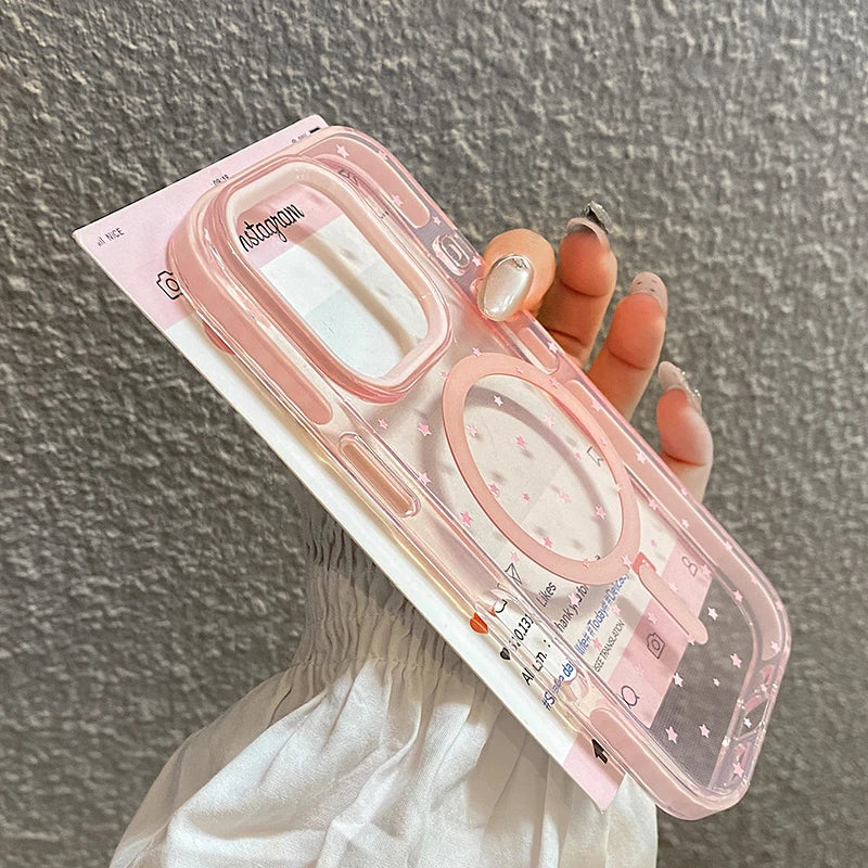 Pink Stars Magnetic Wireless Charge Clear Soft Phone Case