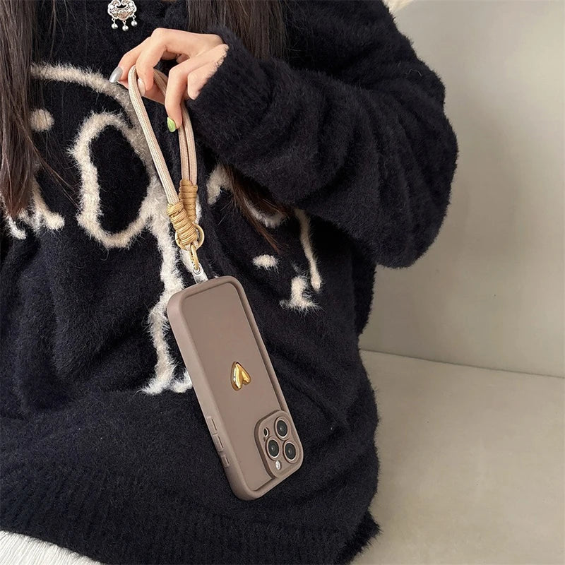 Cute Korean 3D Golden Love Heart Soft Case For iPhone Wrist Chain Hang Strap Cover