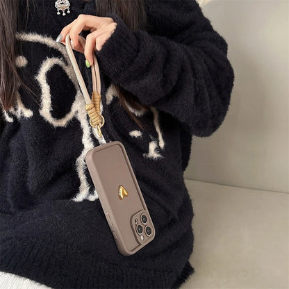 Cute Korean 3D Golden Love Heart Soft Case For iPhone Wrist Chain Hang Strap Cover
