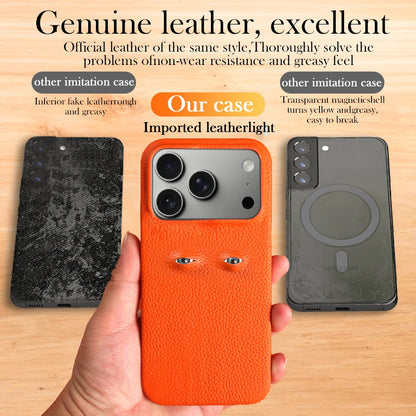 With Eyes Lychee Genuine Leather Case For iPhone