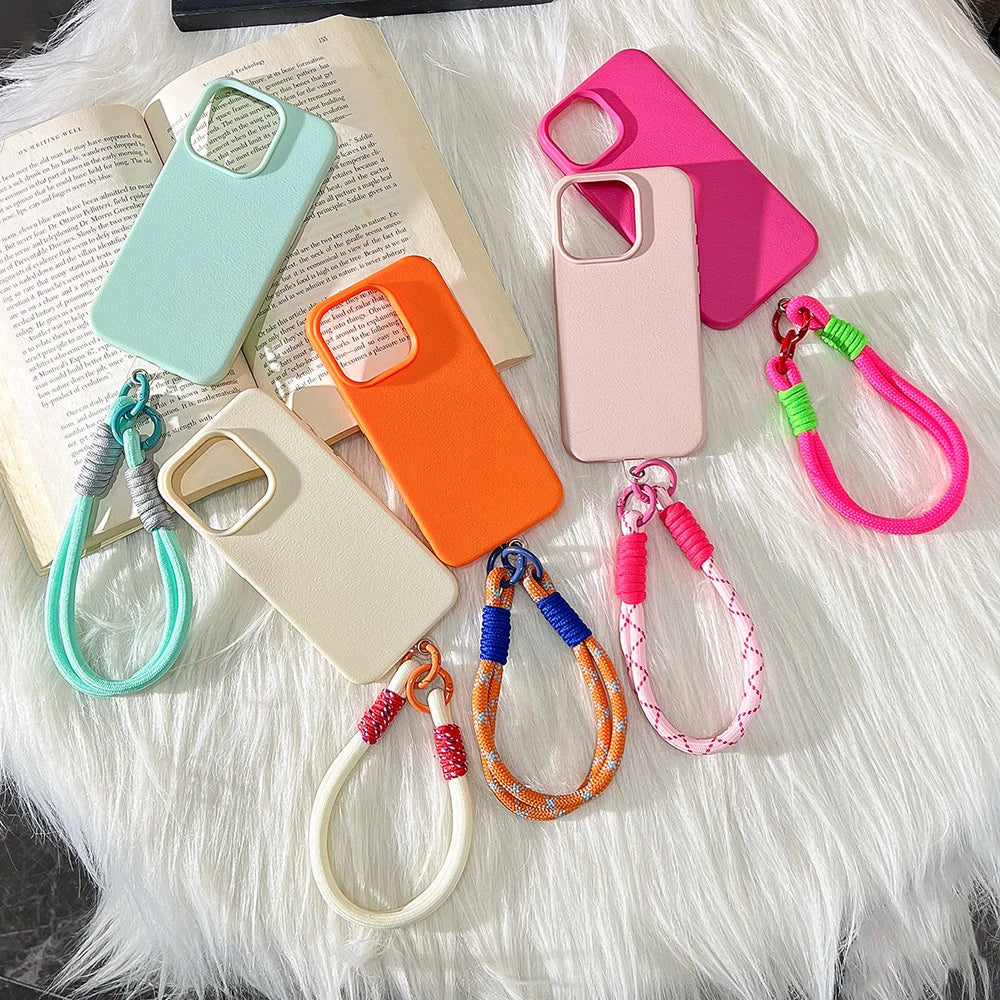 Cute Candy Leather Texture With Wrist Strap Case For iPhone Solid Color Soft Cover