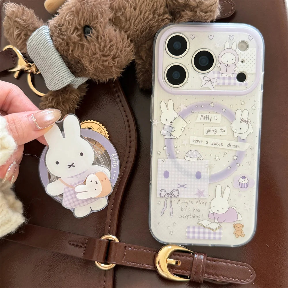 Korean INS Star Bow Rabbit With Magsafe Stand Phone Case For iPhone