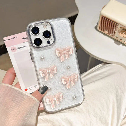 Korean Cute 3D Pink Bowknot Pearl Clear Phone Case For iPhone Shockproof Transparent Cover