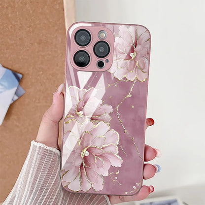 Flower Phone Case For iPhone  Shockproof Tempered Glass Cover