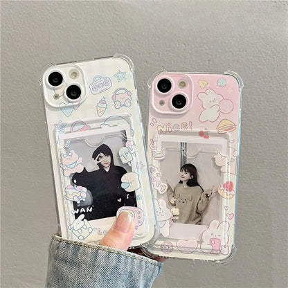 INS Korean Cute Pink Rabbit Card Slot Bag Holder Phone Case For iPhone
