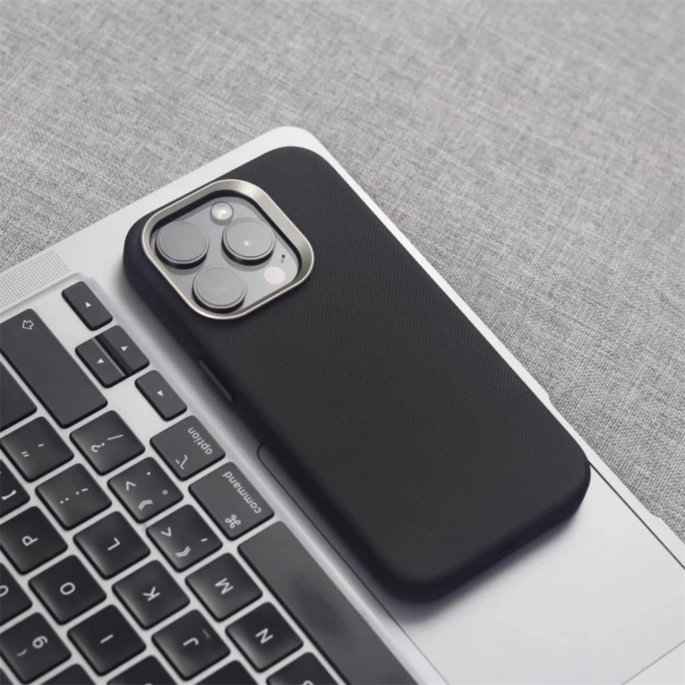Luxury Alloy Lens Frame Particle PU Leather Magnetic Case For iPhone