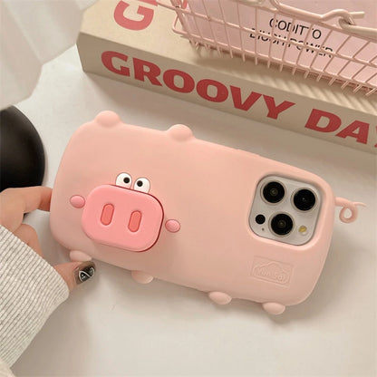 Funny Cute Pink Pig Folding Holder Stand Phone Case
