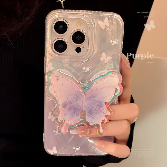 Luxury Laser Watercolor Butterfly Bracket Phone Case For iPhone