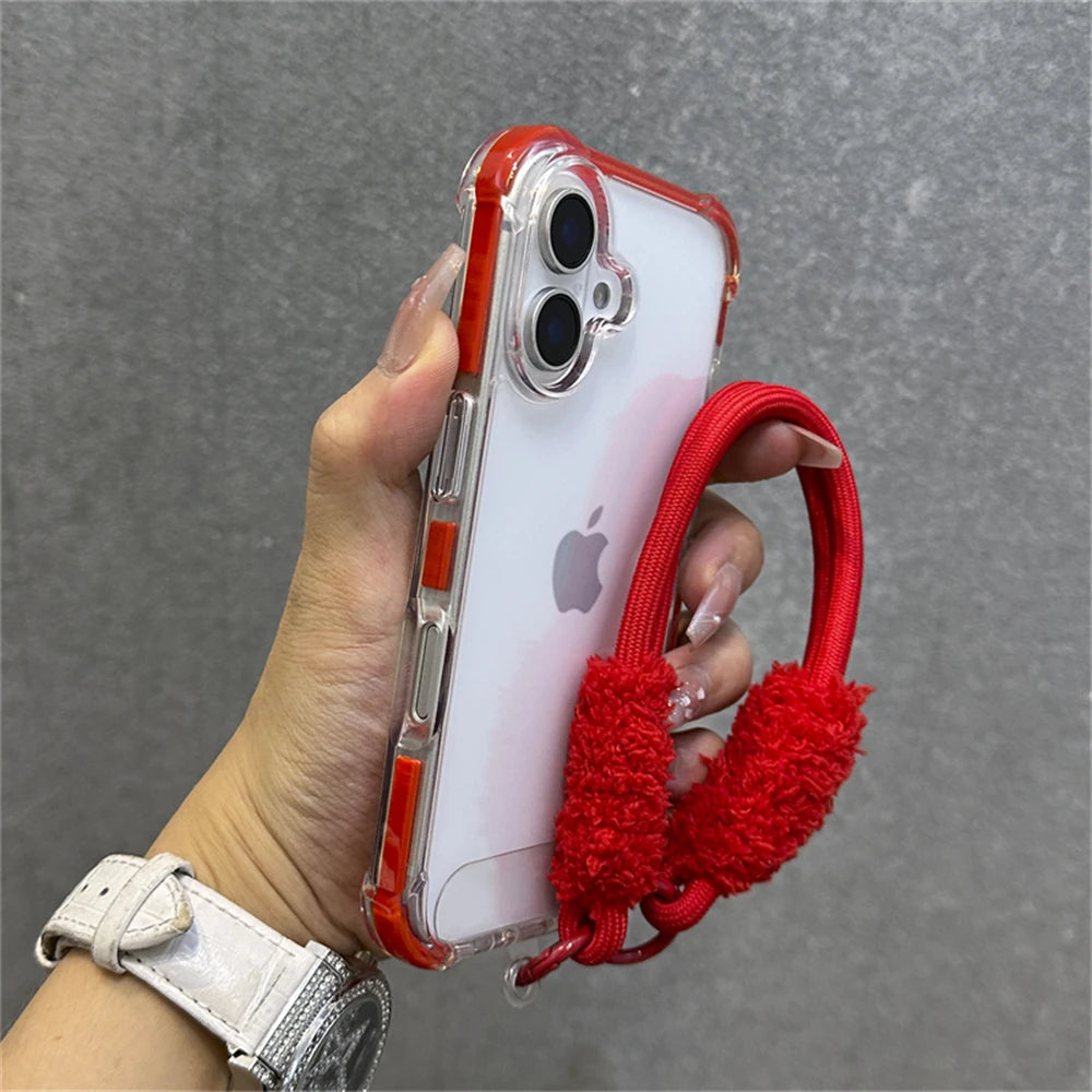 Hybrid Bumper Armor Transparent With Wrist Strap Case For iPhone Shockproof Air Bag Cover