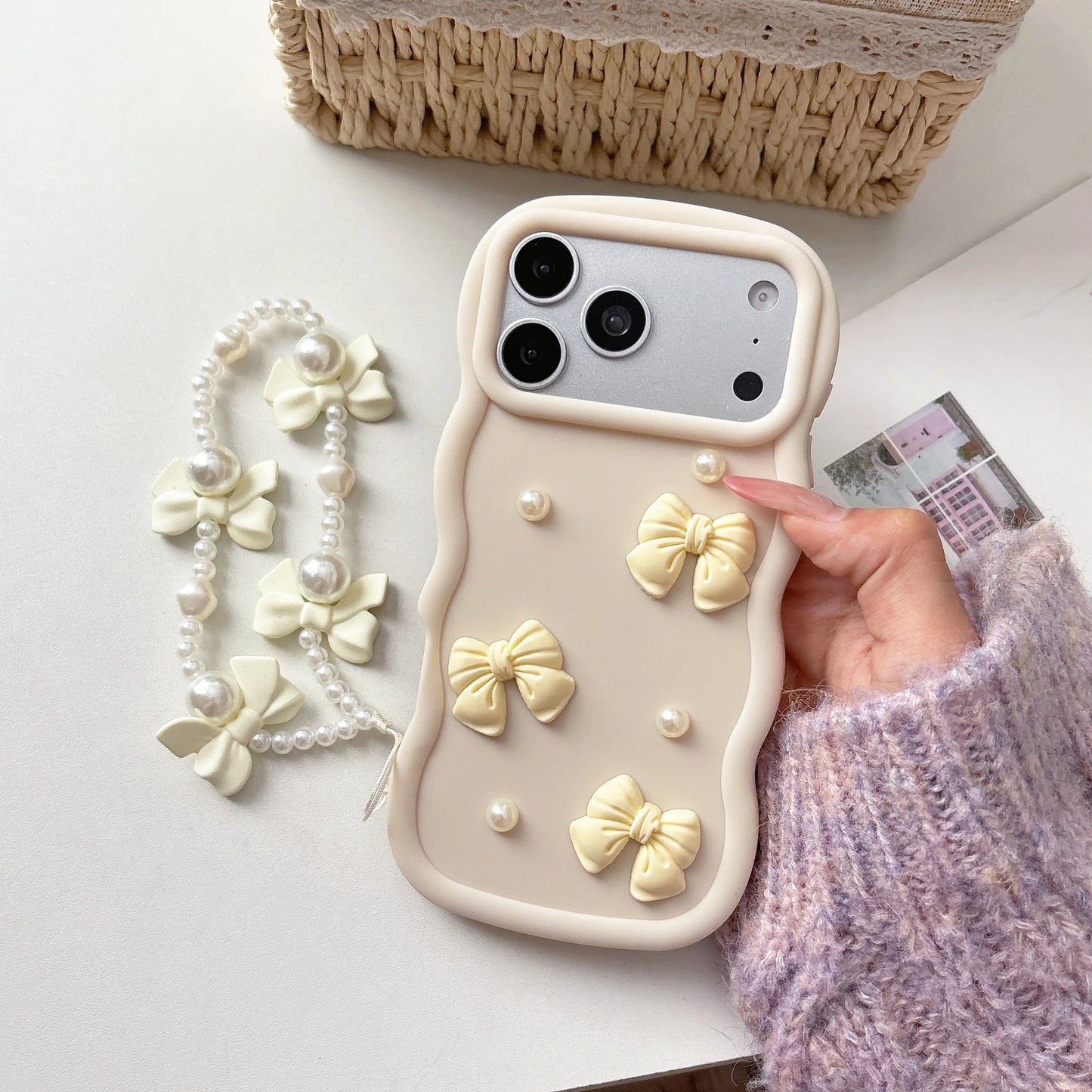 Korean 3D Bowknot Pearl Silicone Phone Case For iPhone