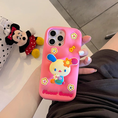 Kawaii 3D Cartoon Rabbit Floral Bracket Soft Silicone Phone Case
