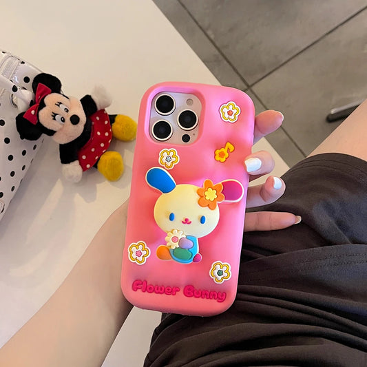 Kawaii 3D Cartoon Rabbit Floral Bracket Soft Silicone Phone Case