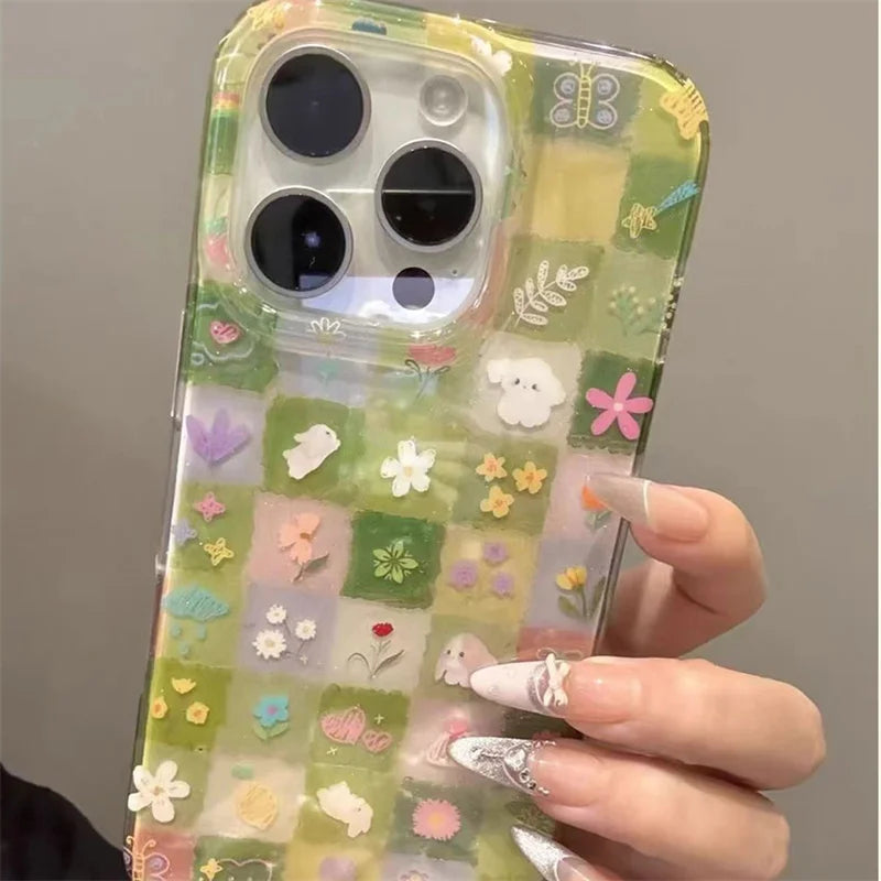 IND Green Grass Grid Pattern Broken Flower Rabbit Phone Case With Chain  For iPhone