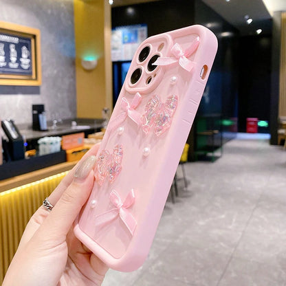 3D Bow Pearl Decorated Phone Case For iPhone Shockproof Silicone Soft Cover