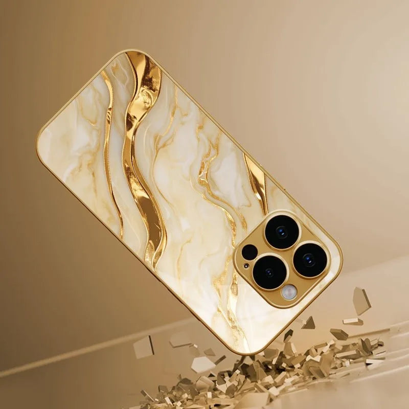 Golden Marble Waves Gold Metallic Paint Tempered Glass Phone Case For iPhone