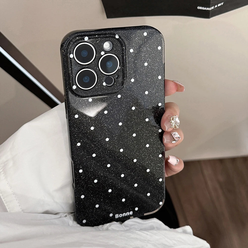 Lovely Glitter Korean Ins Sparkling Black White Polka Dots Phone Case