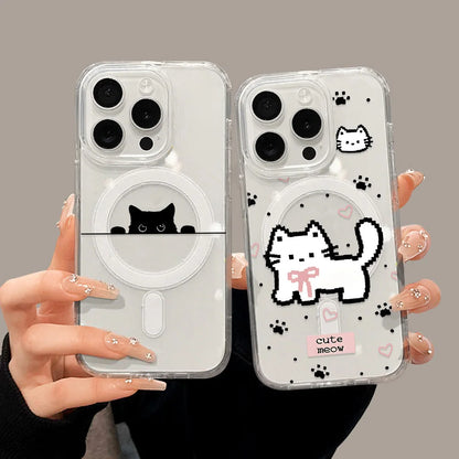 Cute Cat For Magsafe Wireless Charger Case For iPhone Magnetic Shockproof Clear Phone Cover