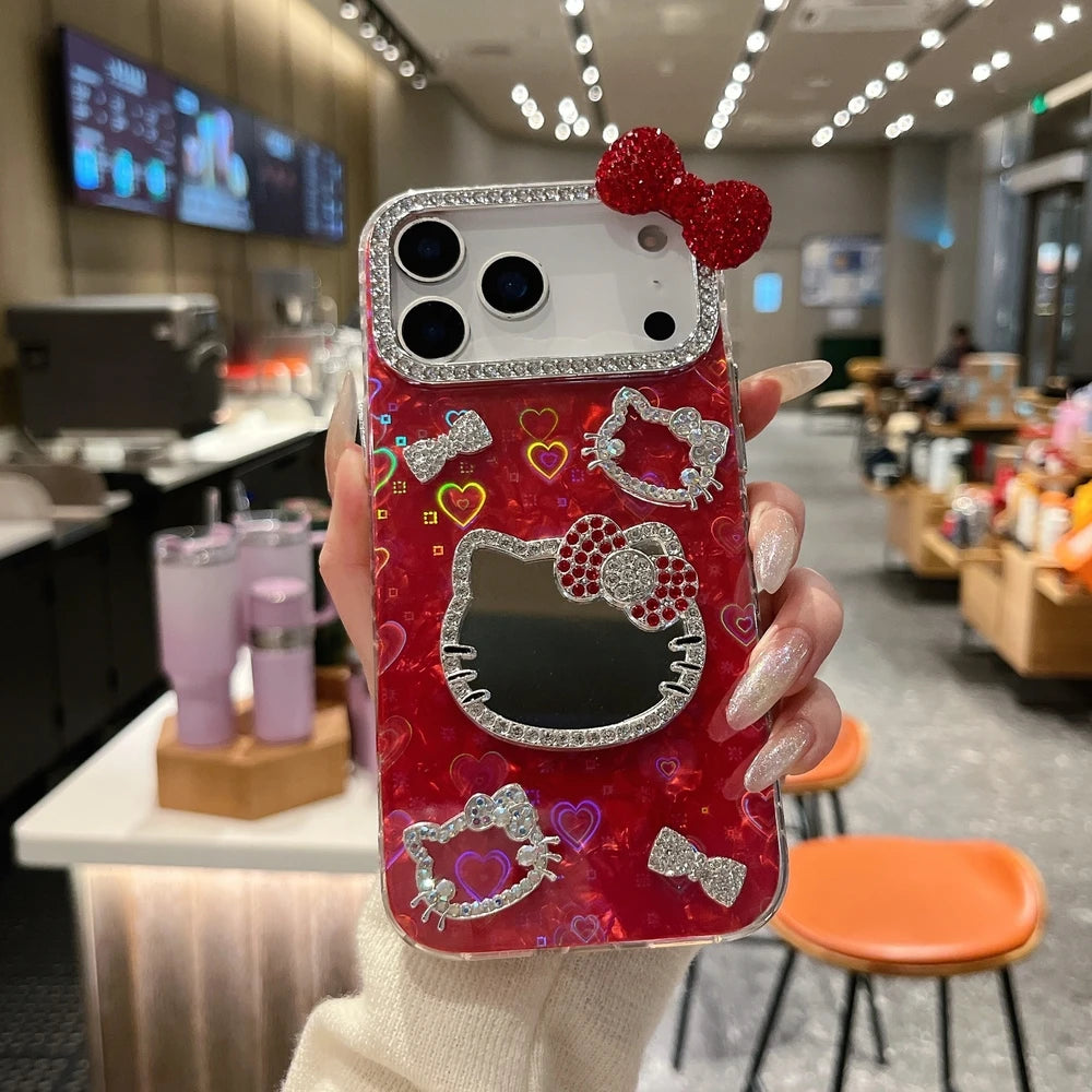Sanrio Hello Kitty Bling Glitter Makeup Mirror Phone Case For iPhone 3D Cute Cartoon Hard Cover