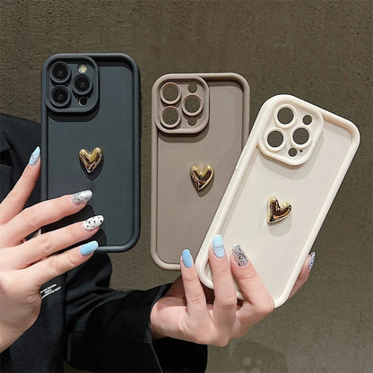 Luxury 3D Gold Heart Silicone Phone Case Shockproof Matte Cover For iPhone