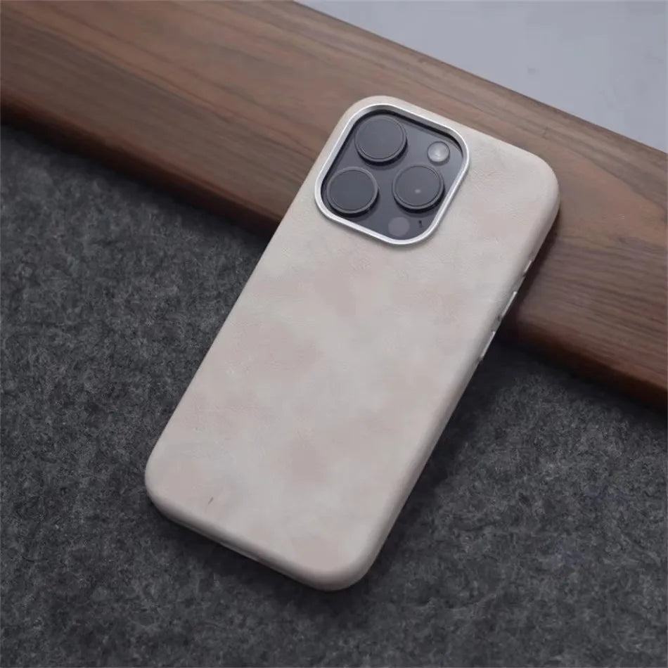 Retro Crazy Horse Leather Magsafe Phone Case For iPhone Simple Leather Texture Magnetic Phone Case