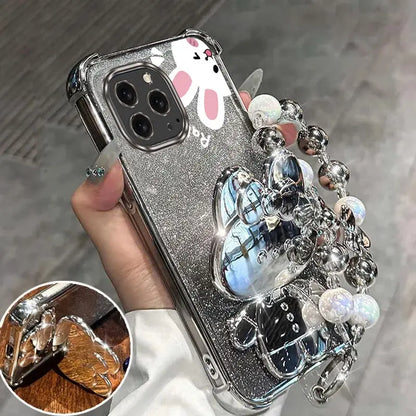 Airbag Glitter Mirror Rabbit Phone Holder Case On For iPhone