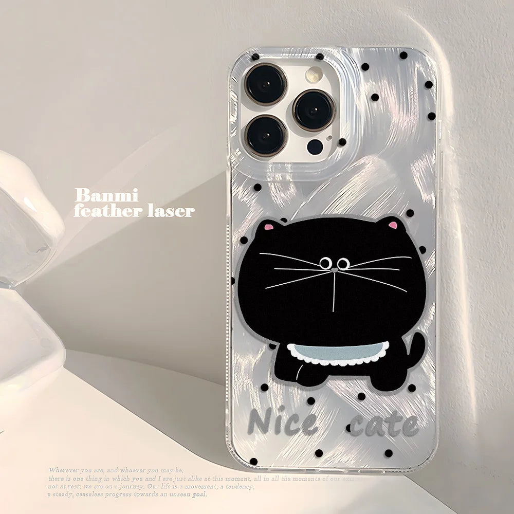 Laser Silver Black Cat iPhone Case With Feather-Texture Protection
