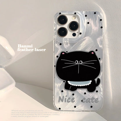 Laser Silver Black Cat iPhone Case With Feather-Texture Protection