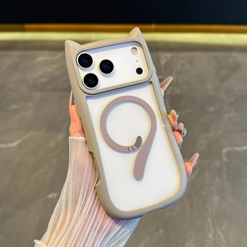 For Magsafe Cartoon Cat Ear Transparent Case For iPhone Magnetic Wireless Charging Cover