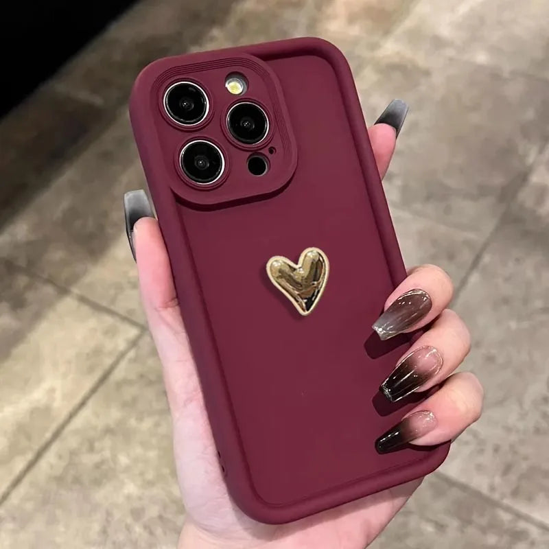 Luxury 3D Gold Heart Silicone Phone Case Shockproof Matte Cover For iPhone