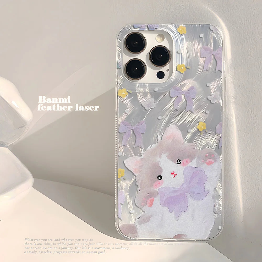Cute Black Cat Phone Case For iPhone Laser Silver Feather Texture Shockproof Cover
