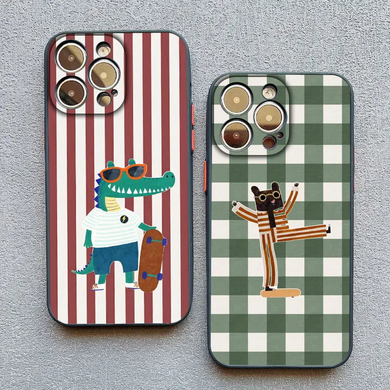Simple Cute Green And White Plaid Animal Phone Case For Iphone