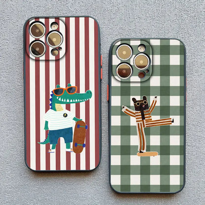 Simple Cute Green And White Plaid Animal Phone Case For Iphone