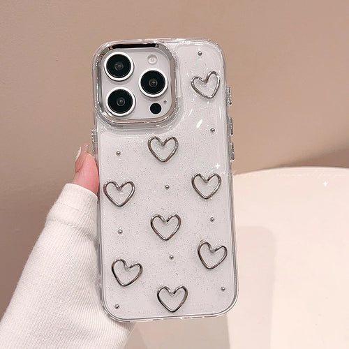 Fashion Metal Silver Love Heart Epoxy Glitter Phone Case
