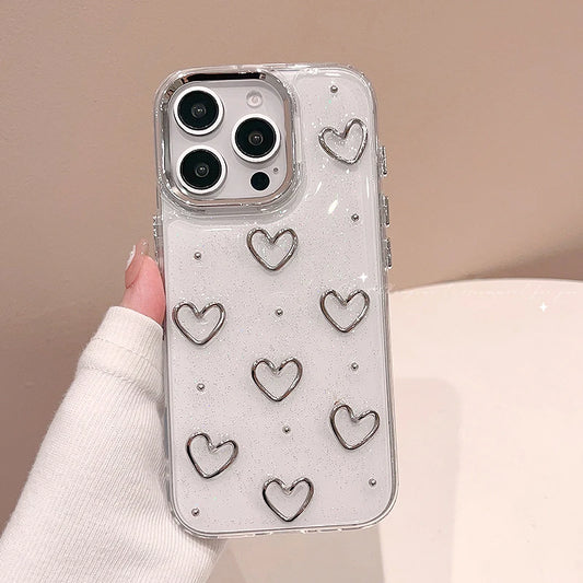Fashion Metal Silver Love Heart Epoxy Glitter Phone Case