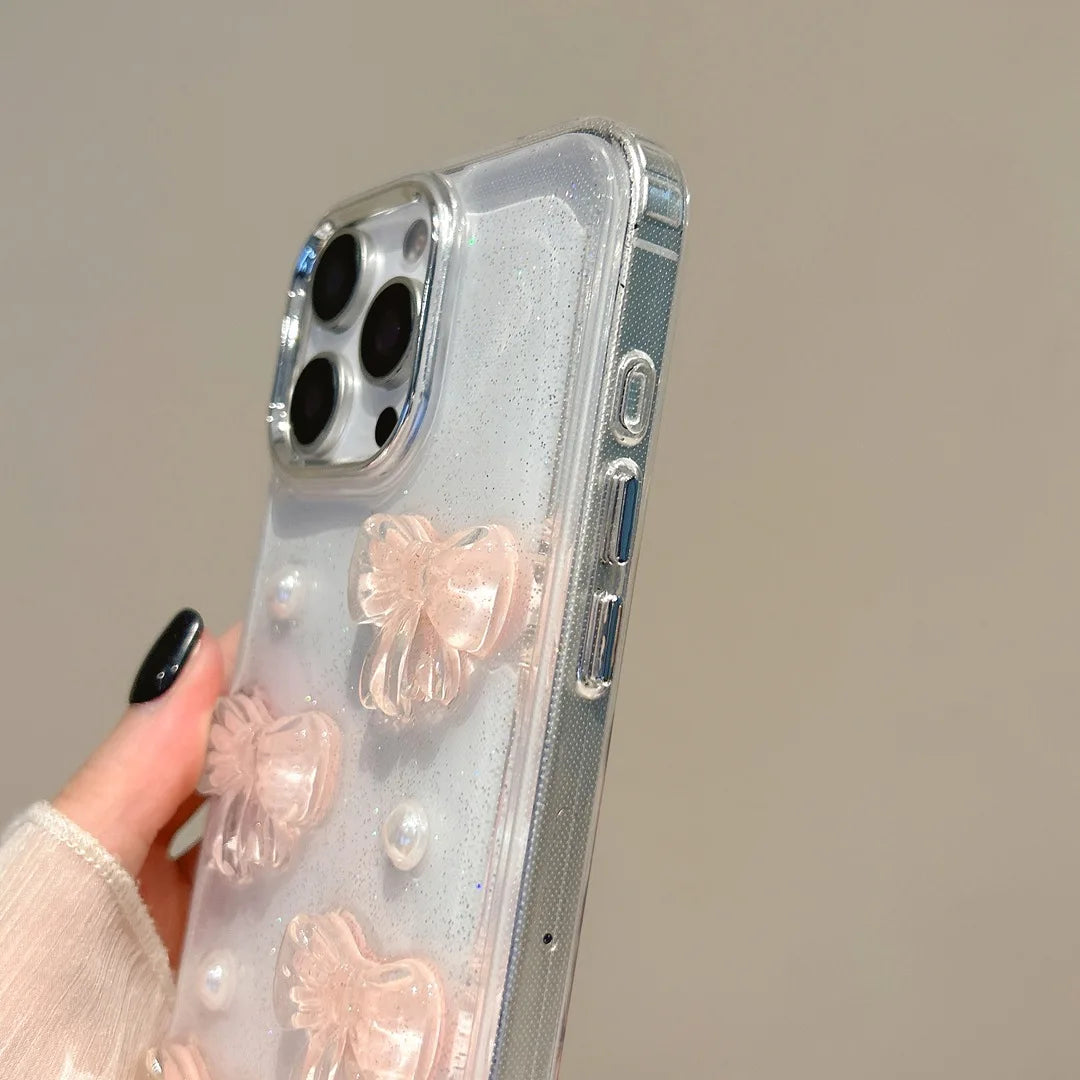 Korean Cute 3D Pink Bowknot Pearl Clear Phone Case For iPhone Shockproof Transparent Cover