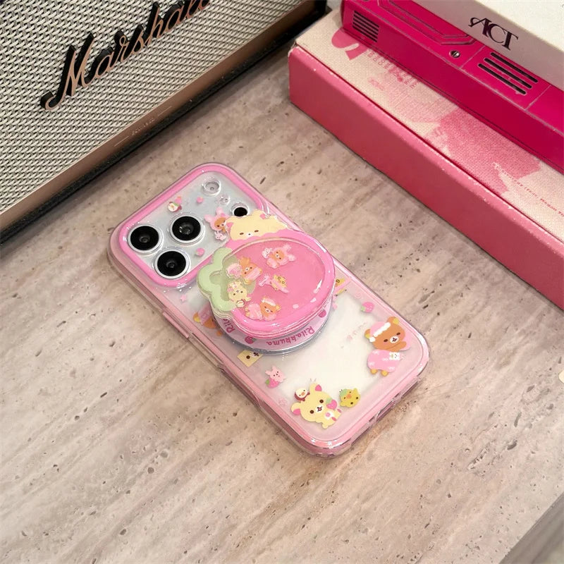 Cute Strawberry Bear Phone Case For iPhone With Magnetic Grip Stand Shockproof