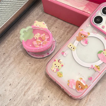 Cute Strawberry Bear Phone Case For iPhone With Magnetic Grip Stand Shockproof